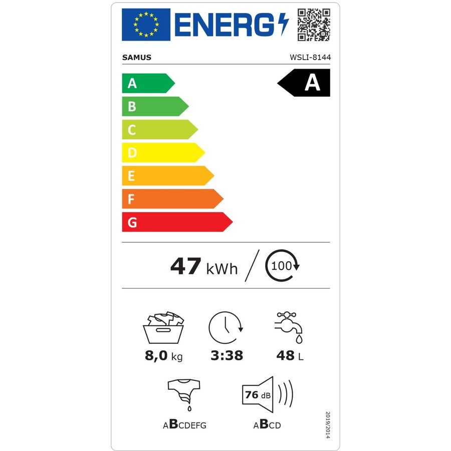 Masina de spalat rufe Samus WSLI-8144,8 Kg, Motor Inverter, Slim, 15 Programe, 1400 rotatii, Clasa energetica A, Termostat reglabil, Program ECO 40-60°C, Blocare acces copii, Alb