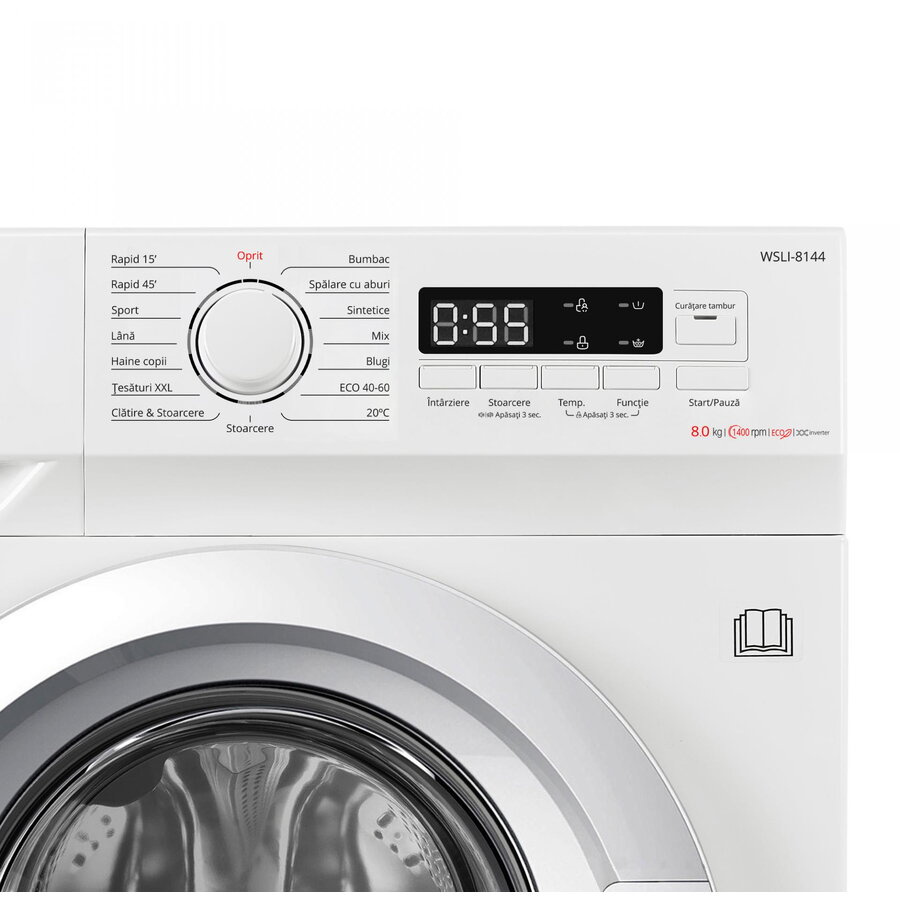 Masina de spalat rufe Samus WSLI-8144,8 Kg, Motor Inverter, Slim, 15 Programe, 1400 rotatii, Clasa energetica A, Termostat reglabil, Program ECO 40-60°C, Blocare acces copii, Alb