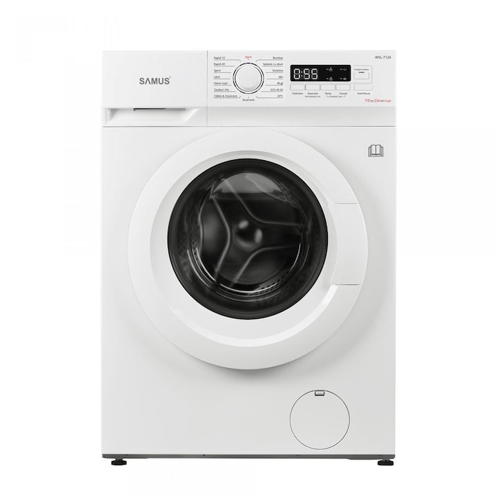 Пералня Samus WSL-7124,7 Kg, 15 програми, 1200 оборота, Slim, Енергиен клас D, Регулируем термостат, ECO Програма 40-60°C, Защита за деца, Бяла
