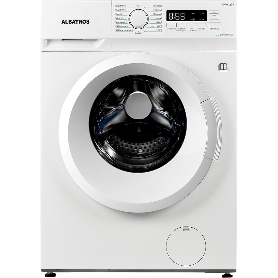 Masina de spalat rufe Albatros AWM1274,7 kg, Slim, 15 Programe, 1200 Rotatii, Clasa energetica D, Termostat reglabil, Program ECO 40-60°C, Blocare acces copii, Alb