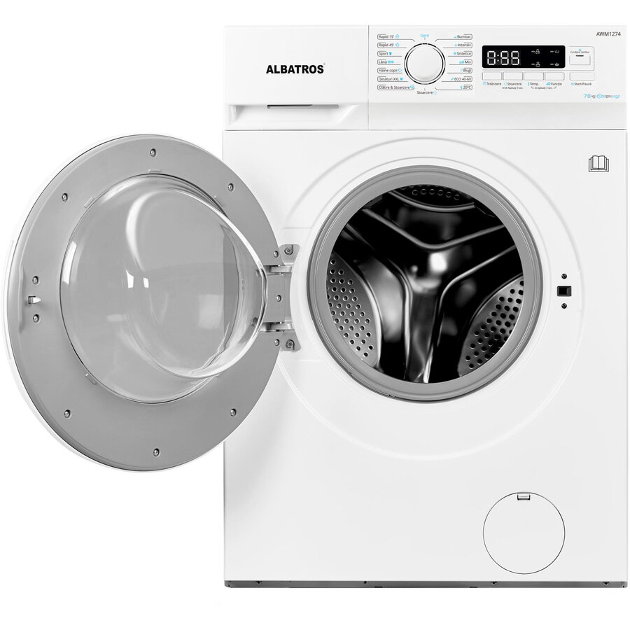 Masina de spalat rufe Albatros AWM1274,7 kg, Slim, 15 Programe, 1200 Rotatii, Clasa energetica D, Termostat reglabil, Program ECO 40-60°C, Blocare acces copii, Alb