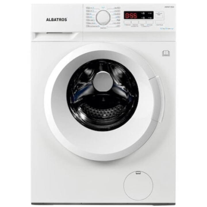 Пералня Albatros AWM1064,6 kg, Slim, 15 програми, 1000 оборота, Енергиен клас E, Регулируем термостат, ECO Програма 40-60°C, Заключване за деца, Бяла