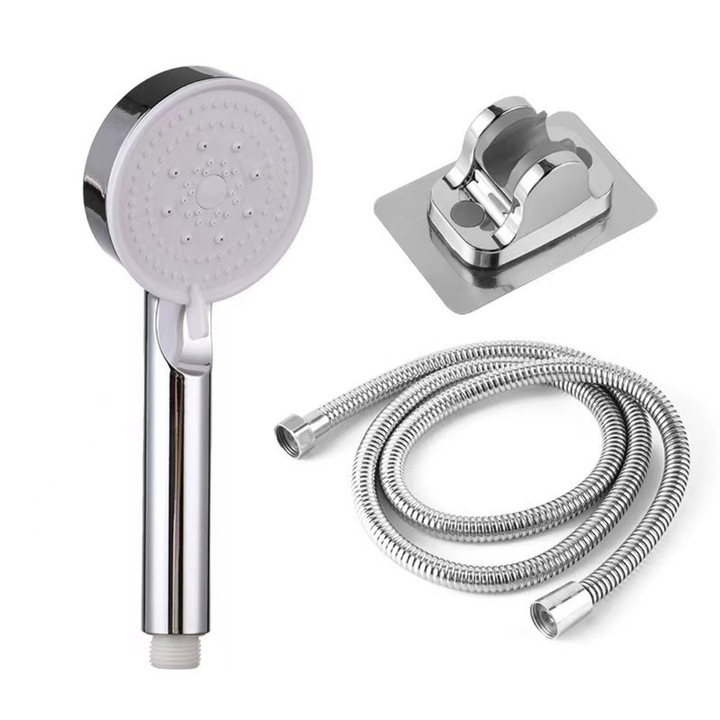 Set dus cu 5 functii: para de dus cu presiune inalta + furtun de 1.5m + suport adeziv, tehnologie anticalcar cu micro-duze de silicon, instalare usoara, ABS, argintiu