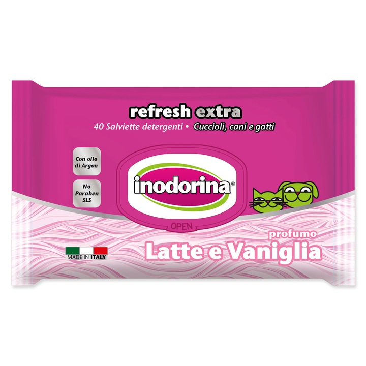 Set 40 servetele umede animale, Inodorina, Lapte si Vanilie, cu vitamine