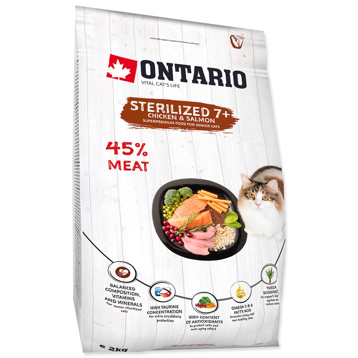 Суха храна за стерилизирани котки 7+, Ontario, Adult, Пиле и Сьомга, 2 кг