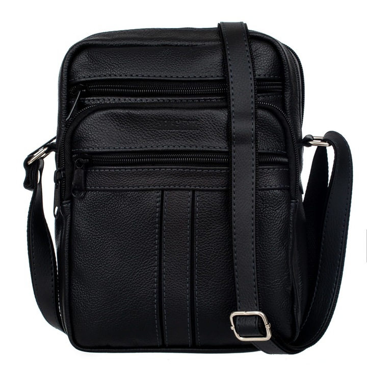 Geanta de umar pentru barbati, Kaletnik, Piele naturala, 20 x 26 x 5 cm, Negru