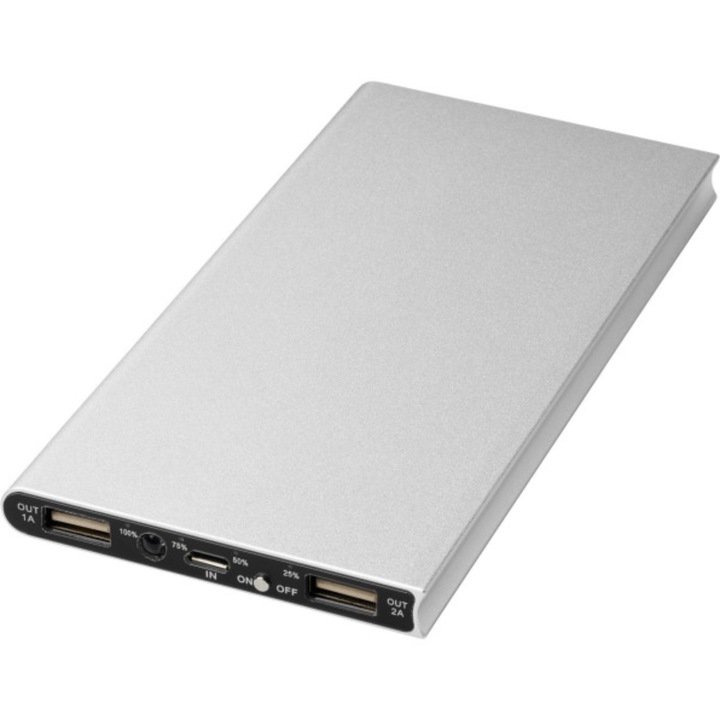 Baterie externa slim, Zola®, 2 USB, 20000 mAh, lanterna LED, 1 x microUSB, 75x154x9.8 mm, gri