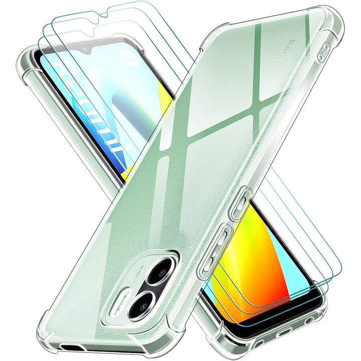Кейс и 3 защитни фолиа за Xiaomi Redmi A2 / Redmi A1, TPU/Glass, Transparent