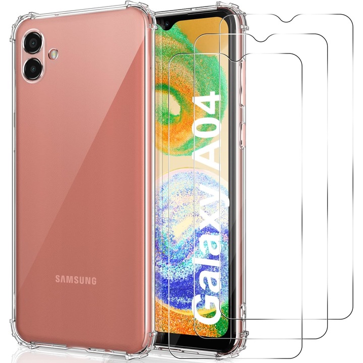 Husa pentru Samsung Galaxy A04, Husa de protectie transparenta pentru Samsung A04, rezistenta la socuri, cu 3 ecrane de protectie din sticla securizata, Husa de protectie moale din silicon TPU anti-zgarieturi pentru Samsung A04 - Transparenta