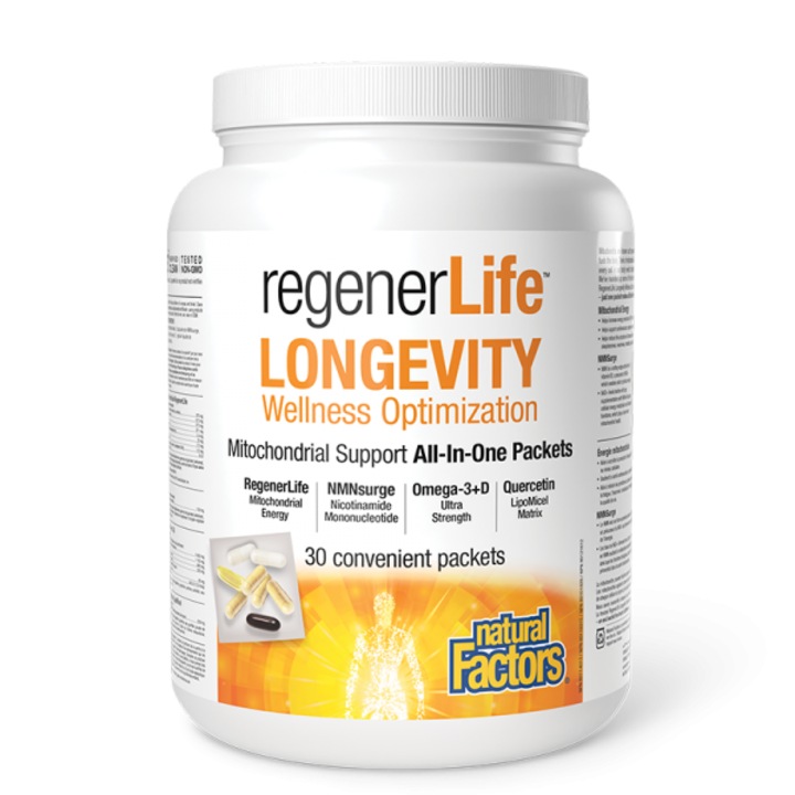 Хранителна добавка Natural Factors, В подкрепа на клетъчното здраве, Rеgener Life™ Longevity, 30 пакетчета
