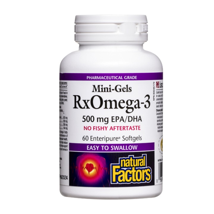Supliment alimentar, Natural Factors, Rx Omega-3 Minigels, 500 mg (EPA 356 mg/ DHA 144 mg) x 60 capsule softgel