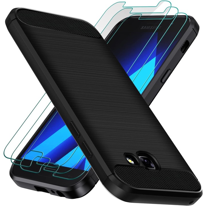 Husa pentru Samsung Galaxy A5 2017 cu 3 bucati de protectie pentru ecran din sticla securizata, husa TPU moale din fibra de carbon Husa de protectie din silicon antisoc - neagra