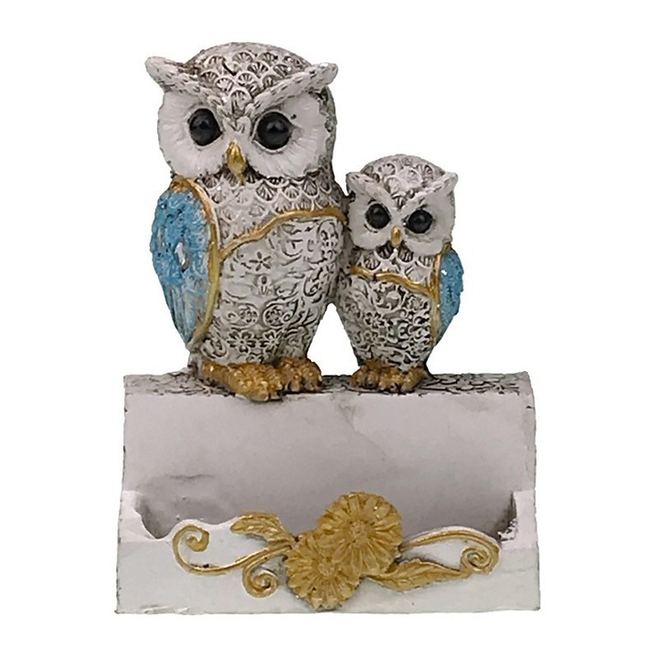 Dekoratív bagoly alakú szobrocska névjegykártyatartóval, kék, 13 cm, 1103H-1