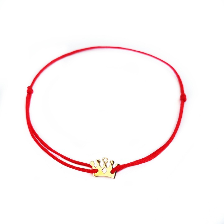 Bratara din aur 14k cu charm Coroana si snur reglabil din matase naturala, lucrata 100% manual
