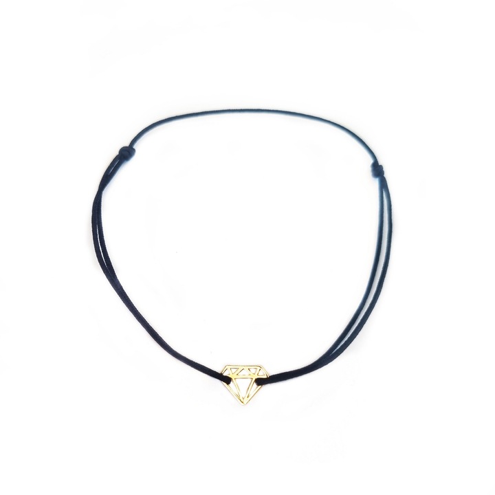 Bratara din aur 14k cu charm Diamant si snur reglabil negru din matase naturala, lucrata 100% manual