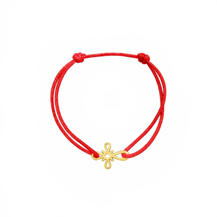 Bratara bebe din aur 14k cu charm cruciulita, reglabila din snur rosu de matase lucrate 100% manual