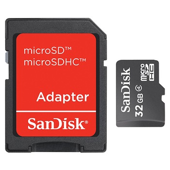 Card de memorie SanDisk MicroSDHC, 32GB + Adaptor Card de memorie SanDisk MicroSDHC, 32GB + Adaptor