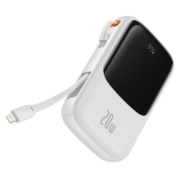 Преносима външна батерия Baseus 10000mAh Qpow Pro - USB, USB Type C - PD 20W с вграден Lightning кабел (PPQD060002) бял