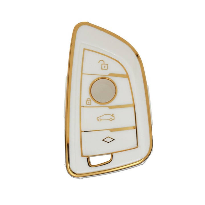 Husa de protectie Premium pentru cheie BMW, material TPU de inalta calitate, compatibila cu X1, X2, X3, X6, X5, Seria 3, 5, 6, 7, 8, Seria F, G ( 2015-2022 ) Alb/Auriu, LUVLU™