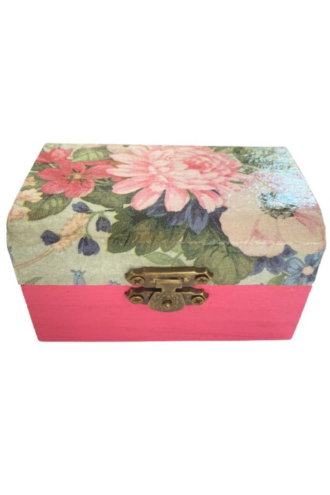 Ékszerdoboz, fa, kézzel készített, rózsaszín, bazsarózsa mintával, 9x5,5x5 cm