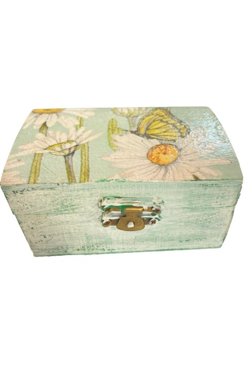 Ékszerdoboz, fa, kézzel készített, zöld, fehér virágmintával, 9x5,5x5 cm