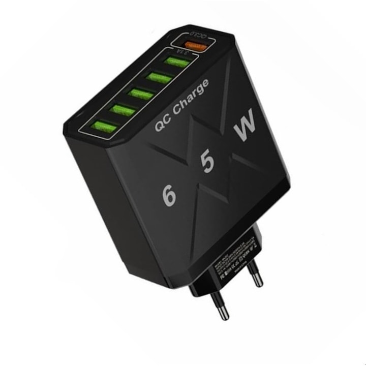 Hálózati töltő 6 USB porttal, 65 W, QC 3.0, kompatibilis laptoppal, iPhone, Huawei, Samsung, fekete, BK302