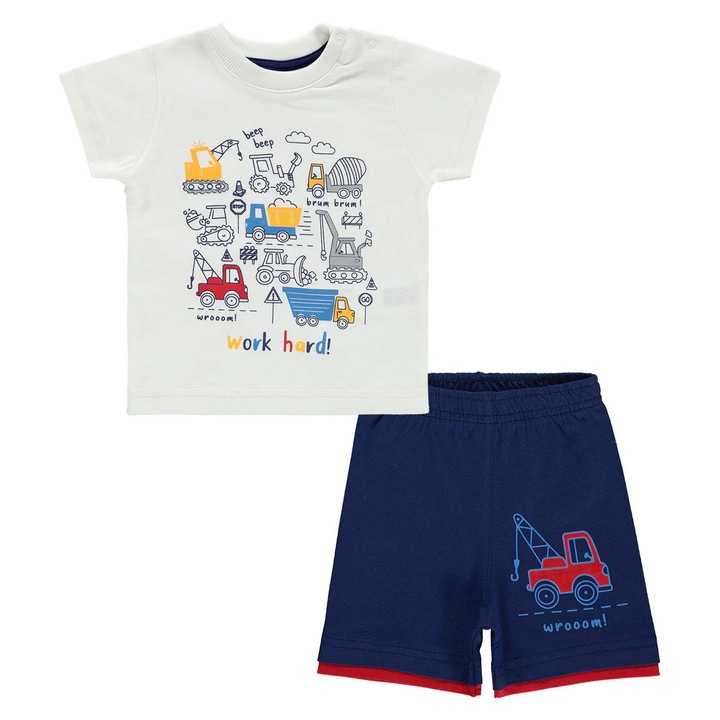 Compleu 2 piese WORK HARD cu Tricou si Pantaloni scurti pentru copii/baietei, ERAKIDS, imprimeu "Tractoras", 100% bumbac premium, Alb/Albastru inchis