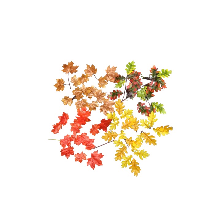 Set decorativ din 4 crengi cu frunze artificiale galbene, ruginii, de toamna, DADY, lungime creanga 60 cm