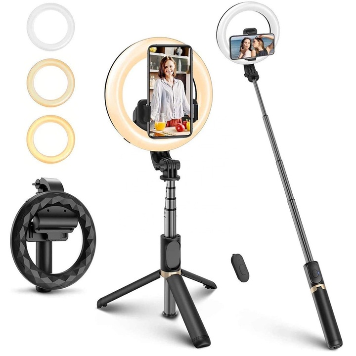 Selfie Stick Stabil cu Lampa Circulara, 80cm, Techsuit (Q07), Black