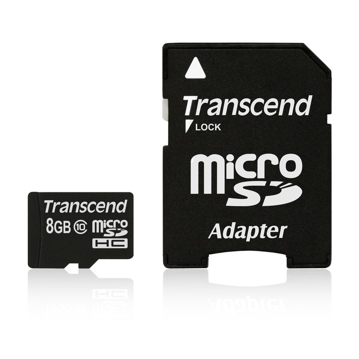 Карта памет Transcend 8GB MicroSDHC CARD (Class10) ,Скорост на четене 20MBs, Скорост на запис 17MBs + Адаптер