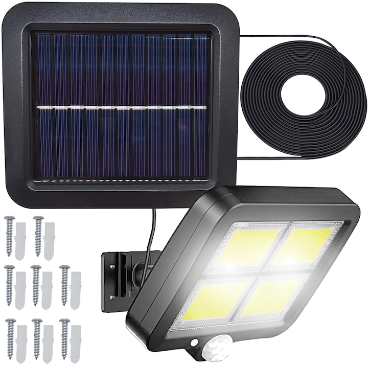 Lampa Solara, 128 LED, cu Senzor de Miscare si Lumina, Cu Panou Solar, Impermeabila