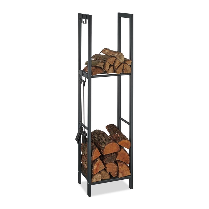Suport pentru lemne de foc, Relaxdays, 2 rafturi, dimensiuni 150 x 40 x 30 cm, antracit