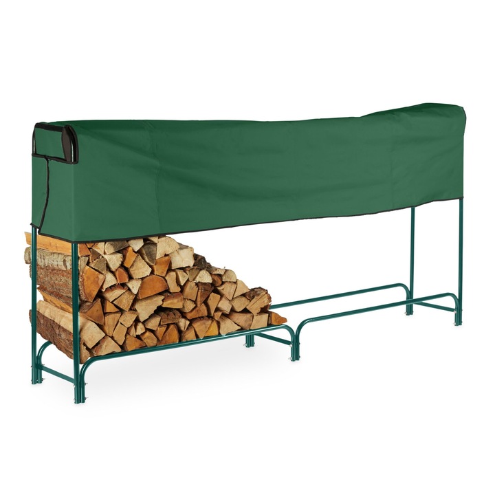 Suport pentru lemne de foc, Relaxdays, dimensiuni 122 x 250 x 30 cm, verde