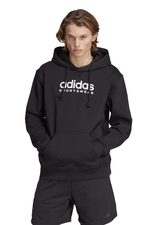 adidas Sportswear, Hanorac cu imprimeu logo si buzunar kangaroo, Negru/Alb optic
