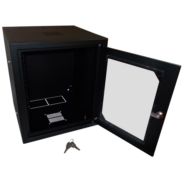 Fali szekrény, 10", 6U, 300 mm, osztatlan, üvegajtós, Fekete, ALANTEC