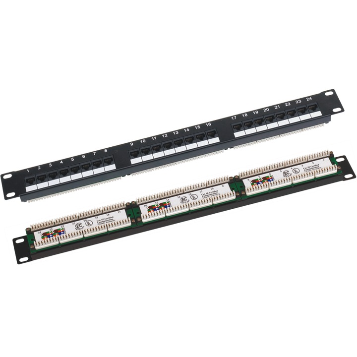 Patch panel, 1U/19 hüvelyk, árnyékolatlan UTP, 24 port, kat. 6, LSA csatlakozók, Q-LANTEC