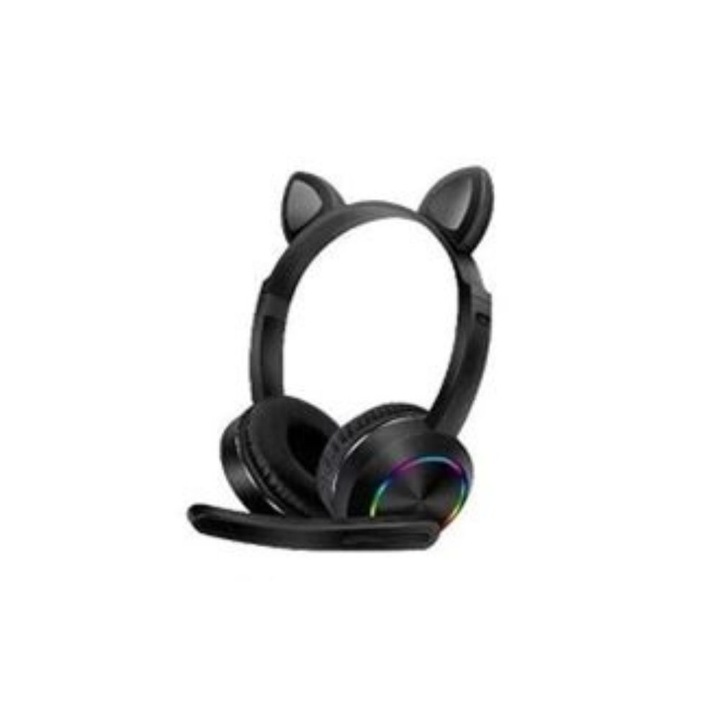 Слушалки Lovely Cat Ear, Over Ear, LED светлина, RGB, Безжични, Bluetooth 5.0, Регулируеми, Черен