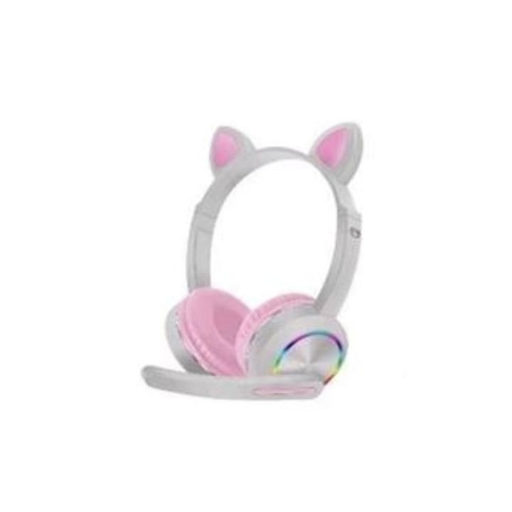 OEM Lovely Cat Ear fejhallgató, Led, RGB, vezeték nélküli, Bluetooth 5.0, állítható, szürke, rózsaszín