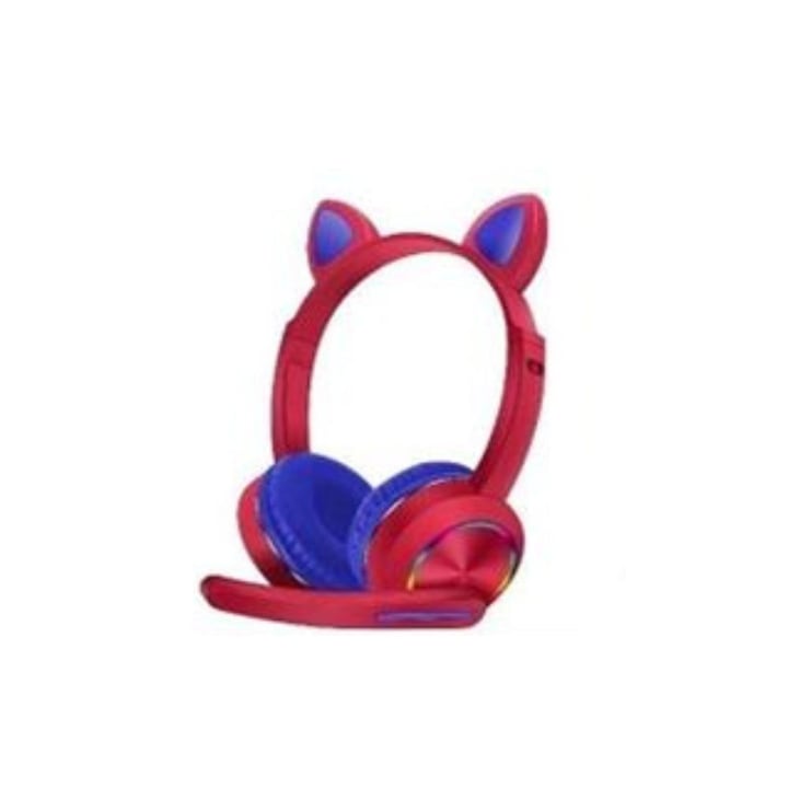 Fül feletti fejhallgató, Lovely Cat Ear modell, Led lámpa, RGB, vezeték nélküli, Bluetooth 5.0, kényelmes, modern, állítható, piros+kék