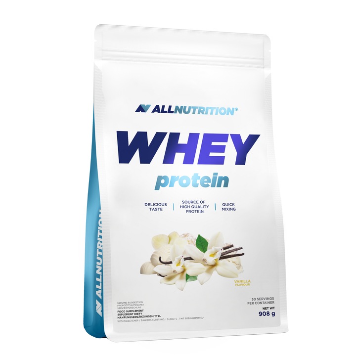 Proteine, ALLNUTRITION WHEY PROTEIN, aroma Vanilie, 908g, pudra proteica, proteine din zer, fara zahar, crestere musculara, recuperare rapida