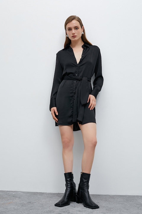 KOTON, Rochie-camasa cu snur in talie, Negru, XL