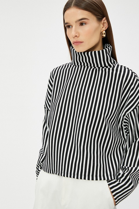 KOTON, Pulover lejer cu model in dungi si guler inalt, Alb/Negru