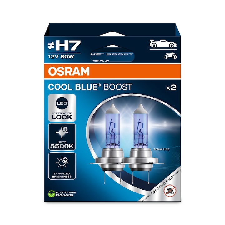 Set de 2 becuri auto cu halogen Osram, H7, Cool Blue Boost, 12V, 80W, PX26d, Lumina albastra