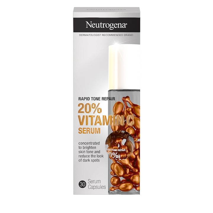 Ser de Fata Incapsulat, Neutrogena, Rapid Tone Repair, Anti-Oxidant, Reda Stralucirea Tenului, Amelioreaza Petele Pigmentare, cu Vitamina C 20%, fara Ulei, 30 capsule