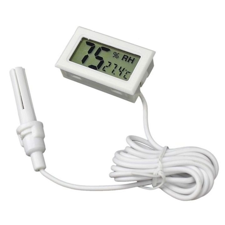 Termometru digital ElecTech cu umiditate si senzor lungime 1.5m, ecran LCD cu iluminare LED, interval masurare -50/+70 grade, umiditate 10% - 99% dimensiune 48X28mm, doua baterii incluse, culoare alb