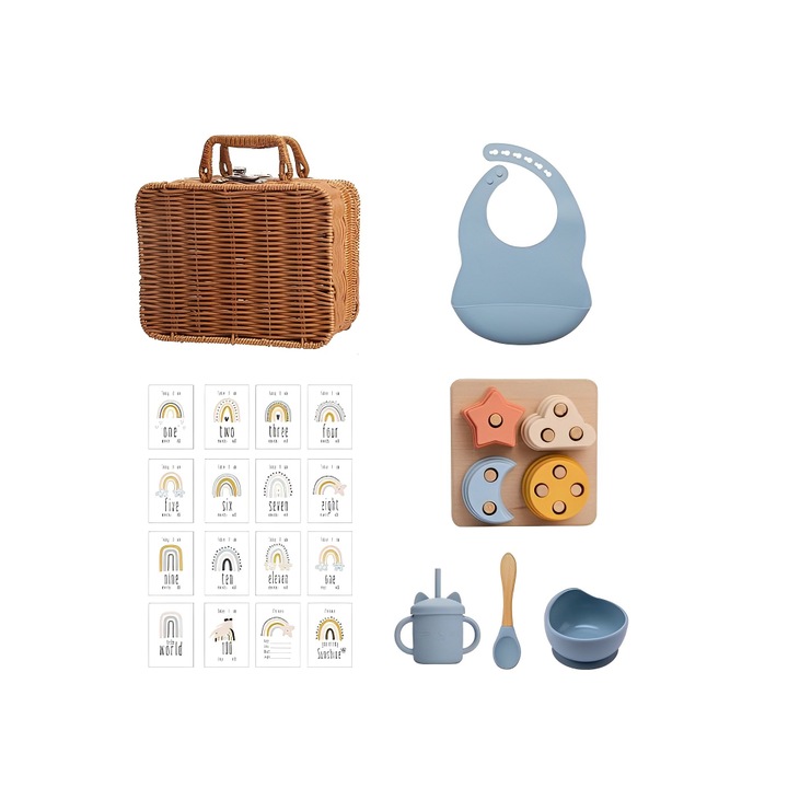 Set diversificare si accesorii pentru bebelusi cu 7 piese, Geanta retro, Vintage, 6 luni+