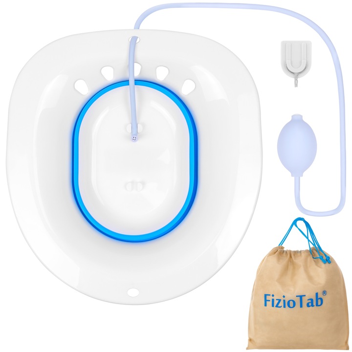 Vas FizioTab® Pliabil за седяща баня, тип леген за тоалетна, осигурява локална хигиена и облекчаване на локалните симптоми, причинени от хемороиди, бял/син с регулируем иригатор син