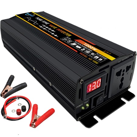 Invertor auto 24V, Unda sinusoidala pura, tensiune de iesire 220V, Putere de iesire 1000W-2000W, Afisaj electronic si 2 iesiri USB, Clip baterie, HouDeOS®, 28.5 x 10 x 6 cm, Negru