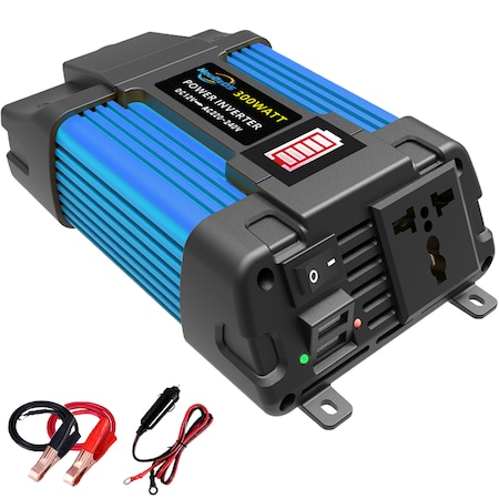Invertor auto 12V, unda sinus modificata, tensiune de iesire 220V, Putere de iesire 300W-600W, Bricheta auto, HouDeOS®, 2 prize USB, 20 x 11 x 56 mm, Negru si albastru