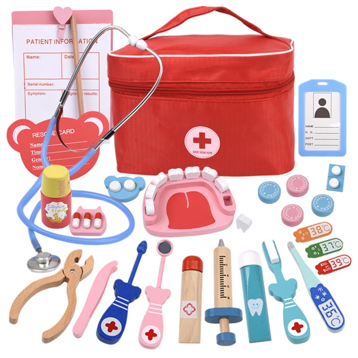 Trusa medicala de Jucarie pentru copii cu 23 de accesorii, Darklove, cu diverse accesorii dentare, termometru, stetoscop, seringa si geanta depozitare, Lemn/Plastic, Multicolor
